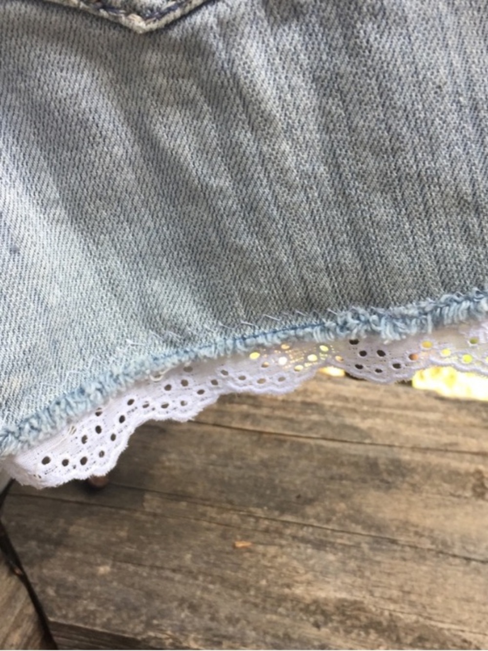 Hand Crafted Light Blue Denim Jean Shorts with White Lace & Red Rose Accents - Picture 6 of 11